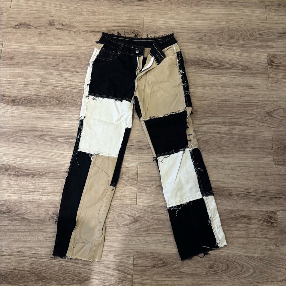 Amazon Women's Patchwork Jeans - Black, Cream, Tan